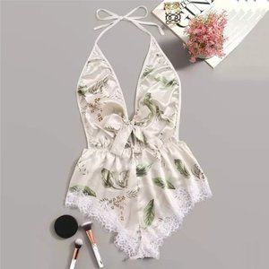 Lingerie Romper Halter Satin Floral Pjs Negligee